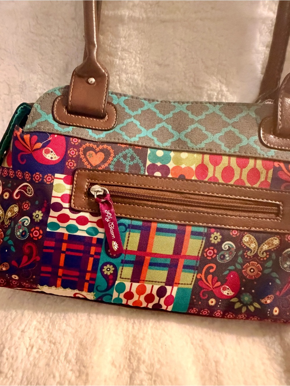 Lily Bloom Patchwork Paisley Satchel Shoulder Handbag Brown Trim Boho - Picture 6 of 12